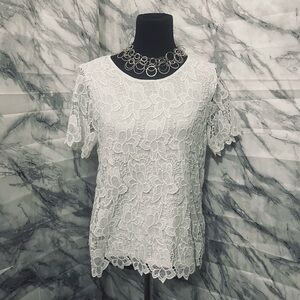 Philosophy White Blouse with Crew Neck Short Sleeves and Lace Features